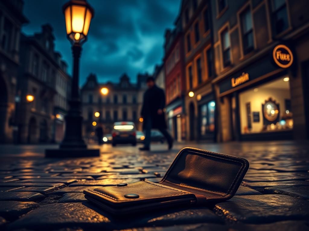 Flick International Dimly lit Dublin street scene featuring a vintage street lamp and an abandoned wallet on cobblestones