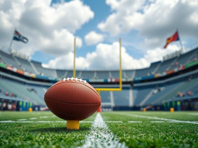 Flick International Dynamic NFL kickoff scene with football on the tee and vibrant stadium atmosphere