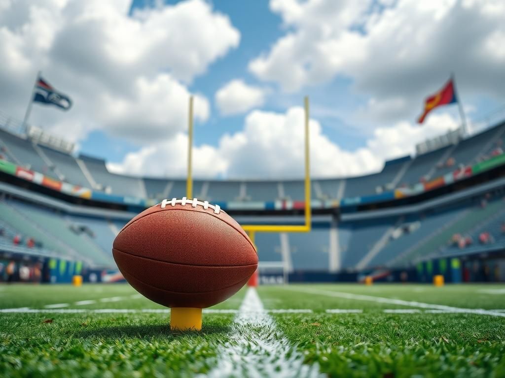 Flick International Dynamic NFL kickoff scene with football on the tee and vibrant stadium atmosphere