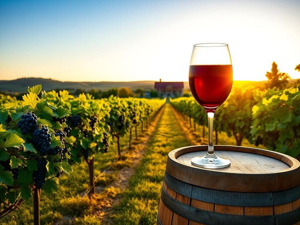 Flick International Serene vineyard landscape in Texas featuring lush grapevines with ripe tempranillo grapes under a clear blue sky.