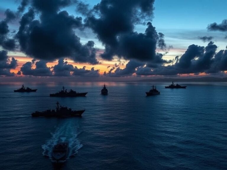 Flick International Aerial view of U.S. Navy warships in the Caribbean Sea near Venezuela at dusk