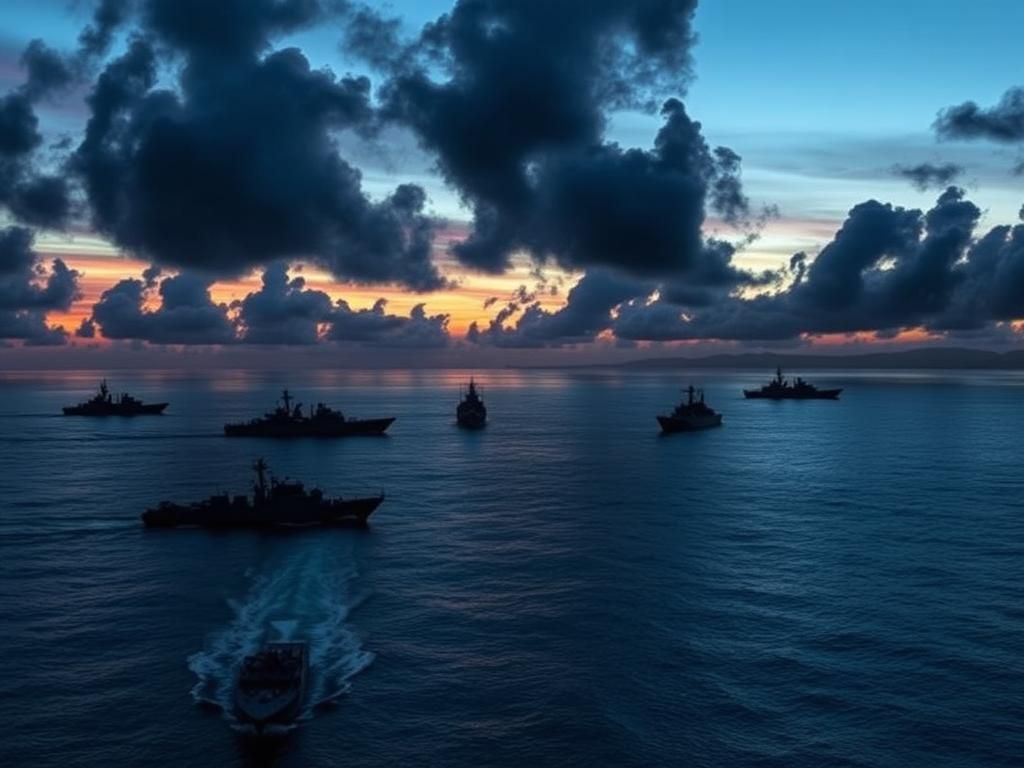 Flick International Aerial view of U.S. Navy warships in the Caribbean Sea near Venezuela at dusk