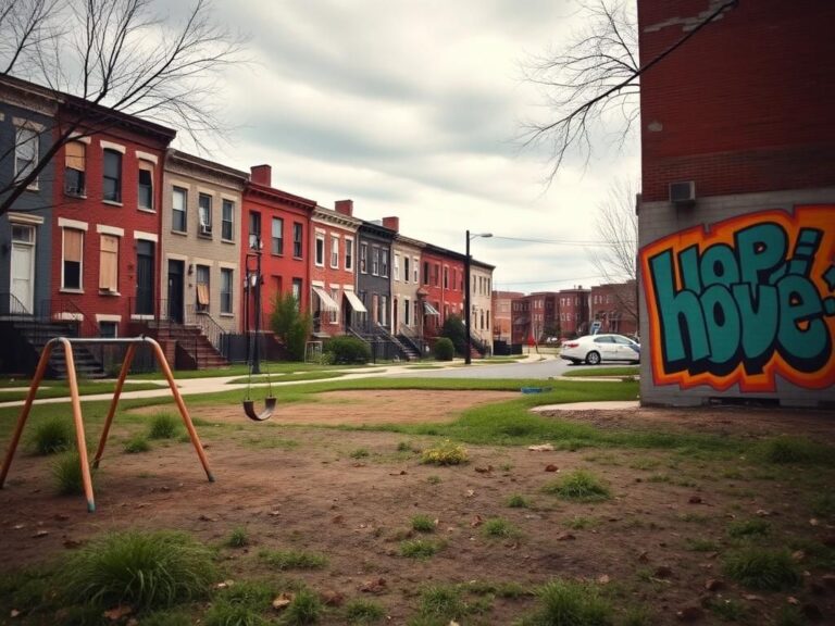 Flick International Community park in Baltimore showing empty playground and abandoned houses