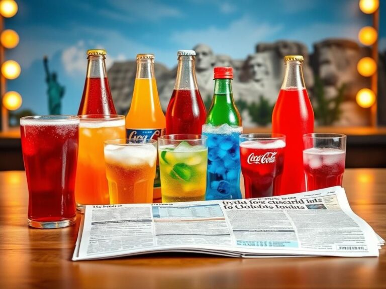 Flick International A colorful still life of fizzy soft drinks and an open newspaper