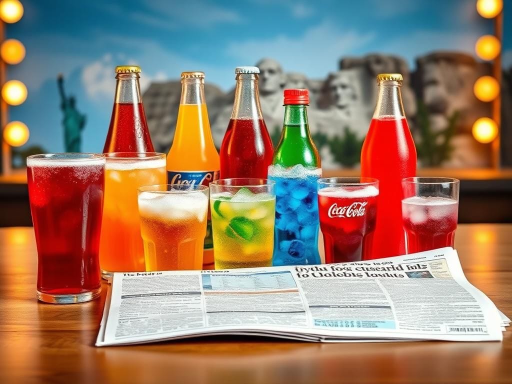 Flick International A colorful still life of fizzy soft drinks and an open newspaper