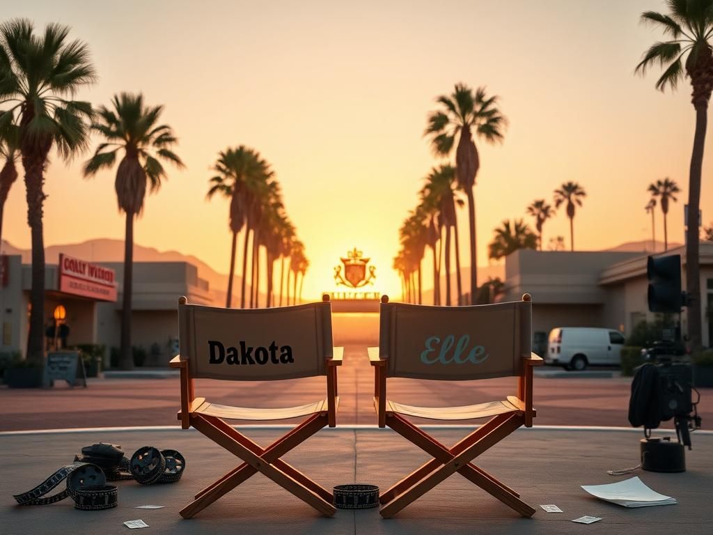 Flick International Vintage director's chairs with names 'Dakota' and 'Elle' in a serene Hollywood landscape at sunset.