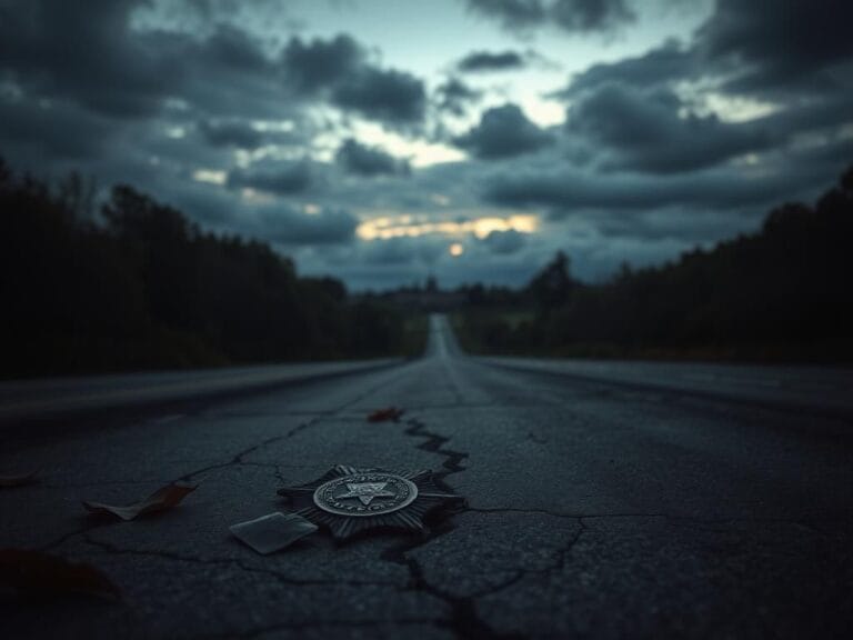 Flick International A solemn landscape of the New Jersey Turnpike at dusk with a state trooper's badge on cracked pavement