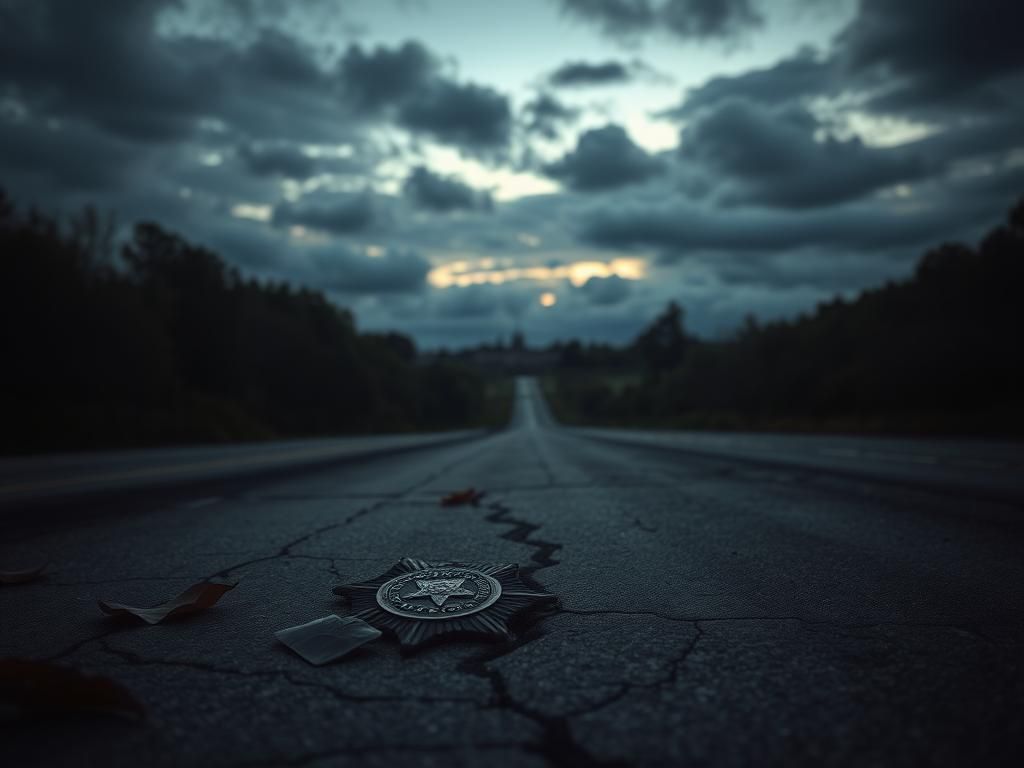 Flick International A solemn landscape of the New Jersey Turnpike at dusk with a state trooper's badge on cracked pavement