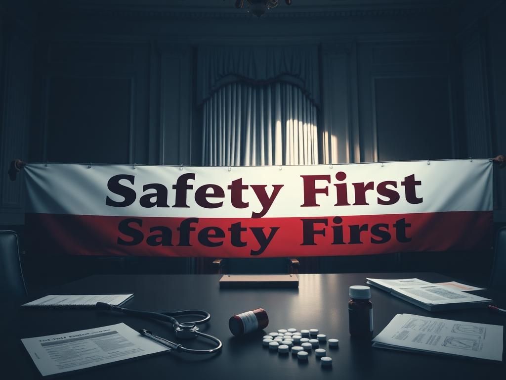 Flick International A dimly lit Senate hearing room with an empty podium and a banner reading 'Safety First'