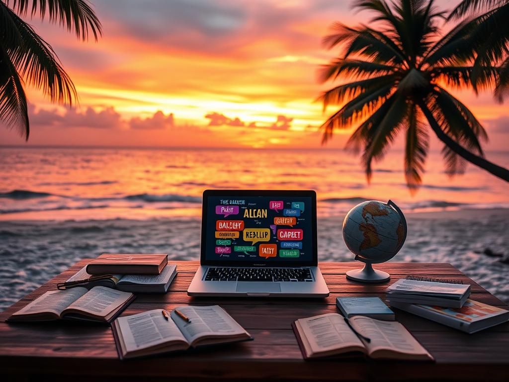 Flick International A serene beach scene at sunset with a glowing laptop showing translations for 'The Chosen'.