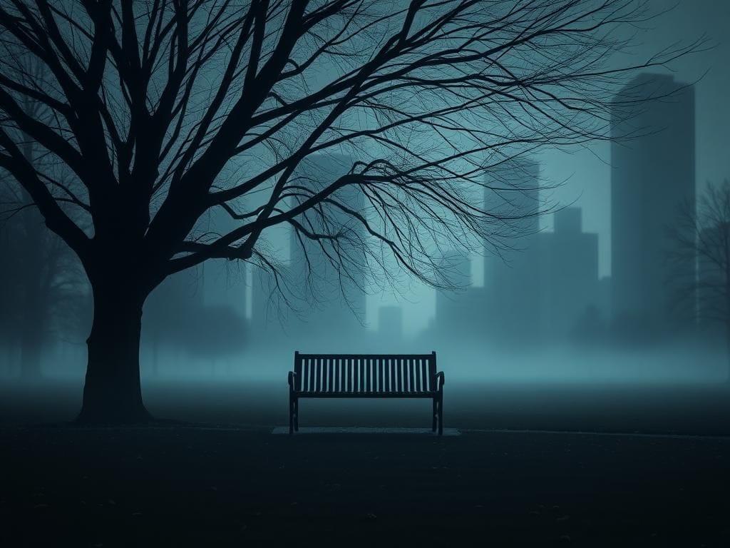 Flick International A misty park with a single empty bench under a large leafless tree, evoking loss and contemplation.