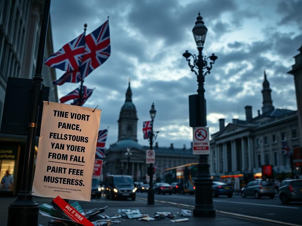 Flick International Dusk scene of a busy London street with political symbols and empty campaign posters
