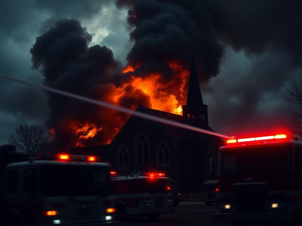 Flick International Dark silhouette of a church engulfed in flames with thick smoke rising