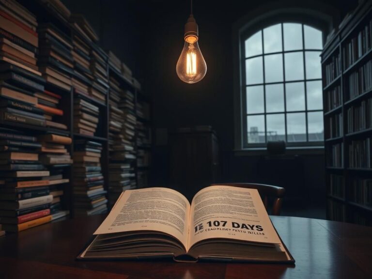 Flick International Open book titled '107 Days' on a polished mahogany table in a dimly lit library setting