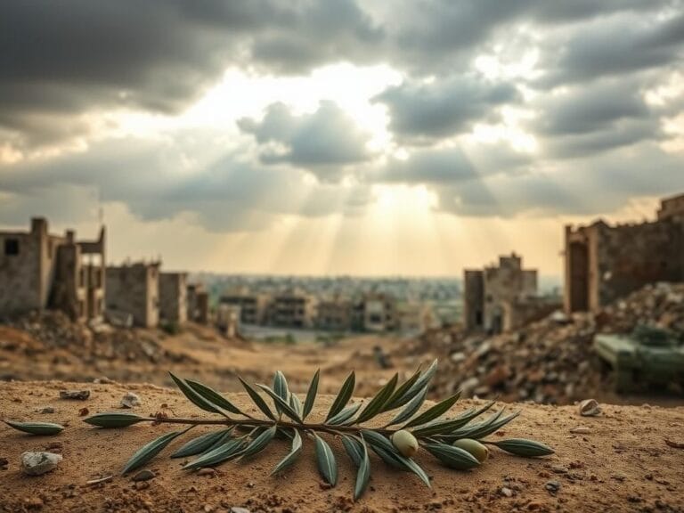 Flick International A somber landscape of the Gaza Strip showing crumbling buildings and a broken olive branch, symbolizing the aftermath of conflict and longing for peace.