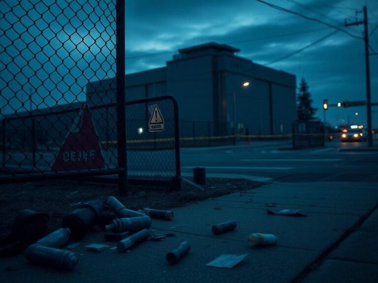 Flick International A tense urban scene at dusk outside a Chicago ICE facility, with scattered protest items in the foreground.