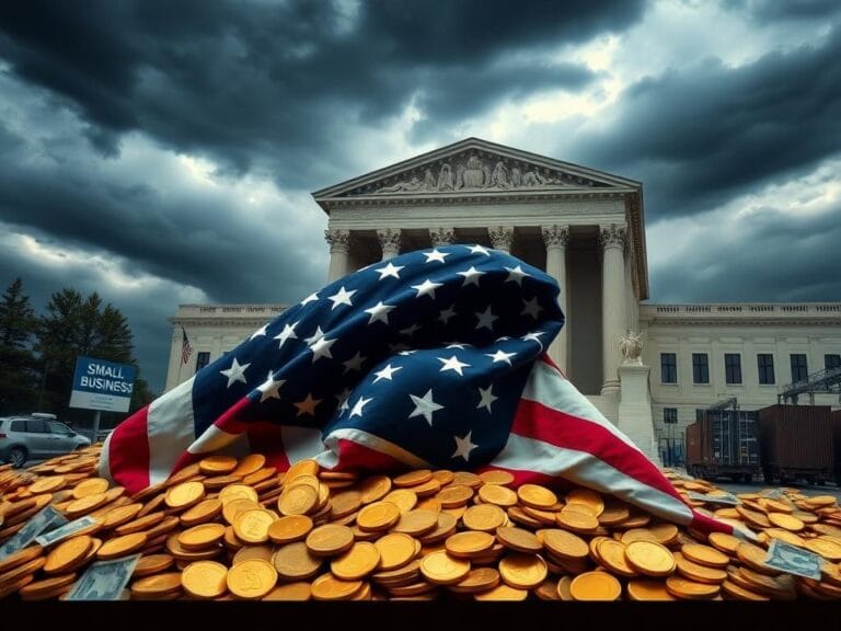 Flick International A dramatic scene of the Supreme Court building under a stormy sky with an American flag and money representing economic stakes