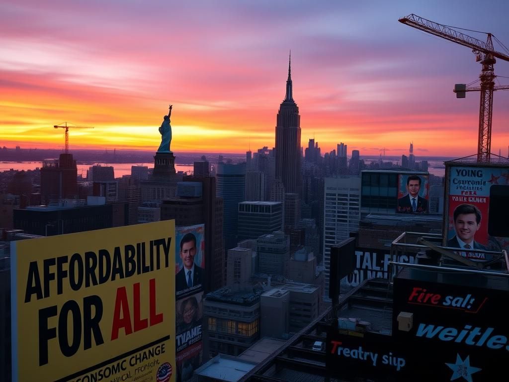 Flick International Bustling New York City skyline at sunset with affordability sign