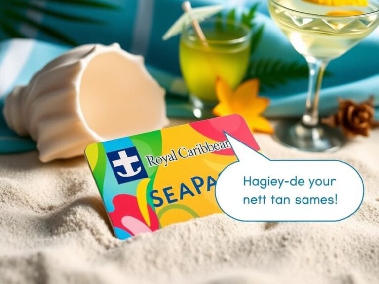Flick International Close-up of a colorful Royal Caribbean SeaPass card on sandy beach with tropical decor