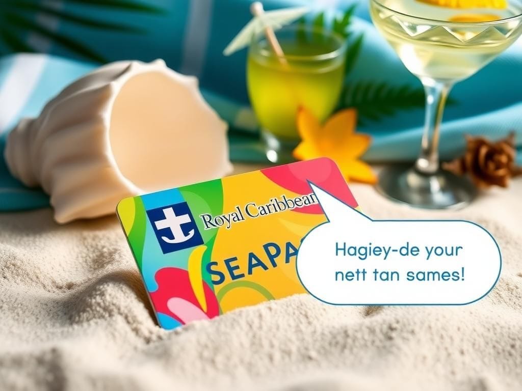 Flick International Close-up of a colorful Royal Caribbean SeaPass card on sandy beach with tropical decor