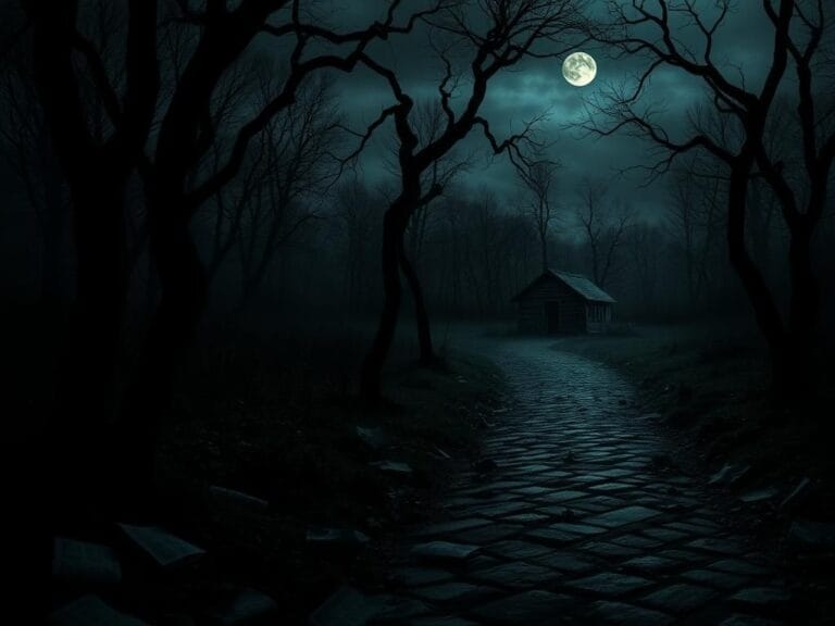 Flick International A dimly-lit, unsettling forest landscape at dusk with eerie shadows and a dark, empty alleyway.