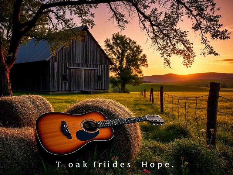 Flick International Tranquil country scene at dusk with an old barn and vintage acoustic guitar