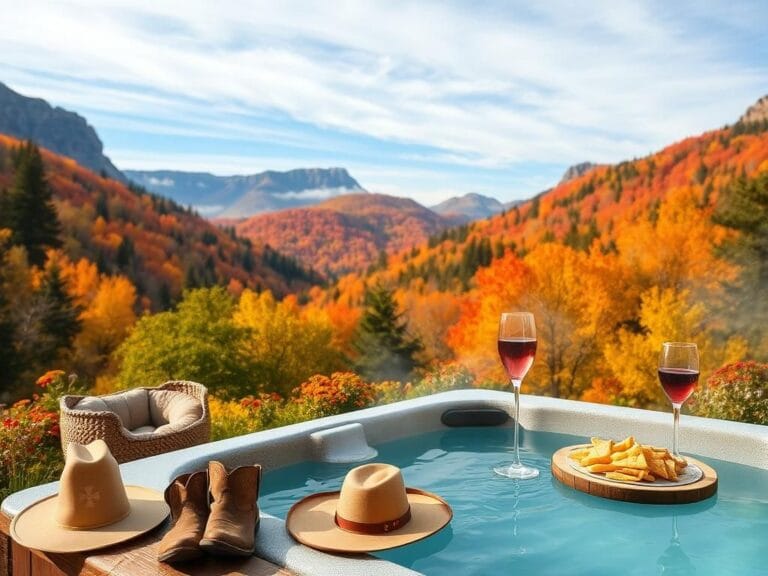 Flick International Kelsea Ballerini enjoying a cozy hot tub in a black bikini surrounded by vibrant autumn foliage.