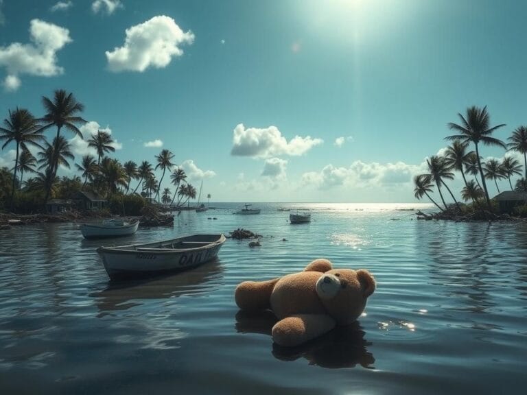 Flick International Serene coastal landscape depicting the aftermath of Hurricane Katrina with abandoned boats and debris