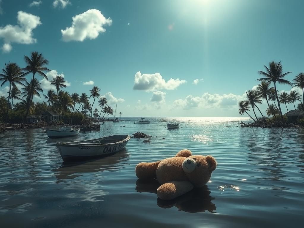 Flick International Serene coastal landscape depicting the aftermath of Hurricane Katrina with abandoned boats and debris