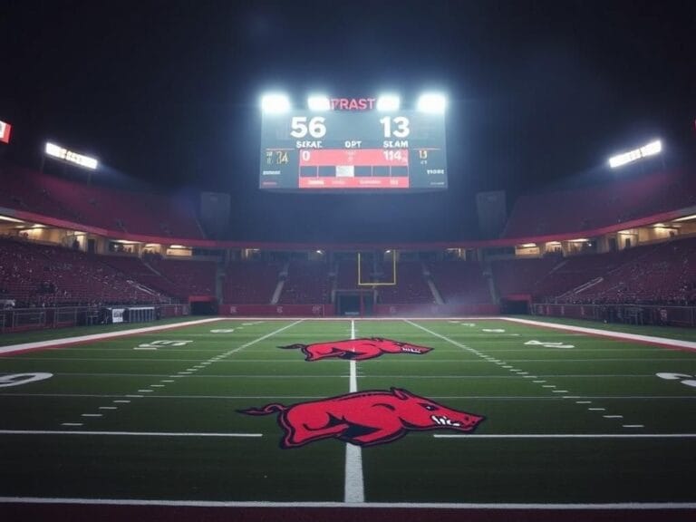 Flick International Dramatic night scene of an empty football stadium with a large Arkansas Razorbacks logo at center