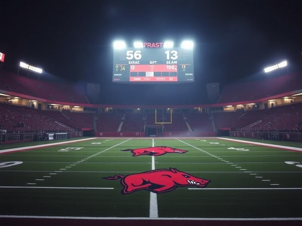 Flick International Dramatic night scene of an empty football stadium with a large Arkansas Razorbacks logo at center