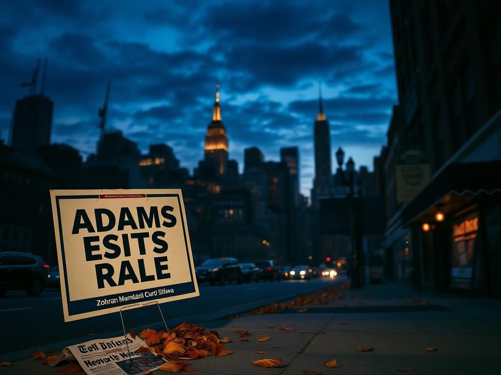 Flick International A dramatic New York City skyline at dusk with a campaign sign in the foreground
