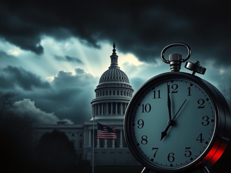 Flick International U.S. Capitol building surrounded by dark storm clouds with a ticking clock in the foreground