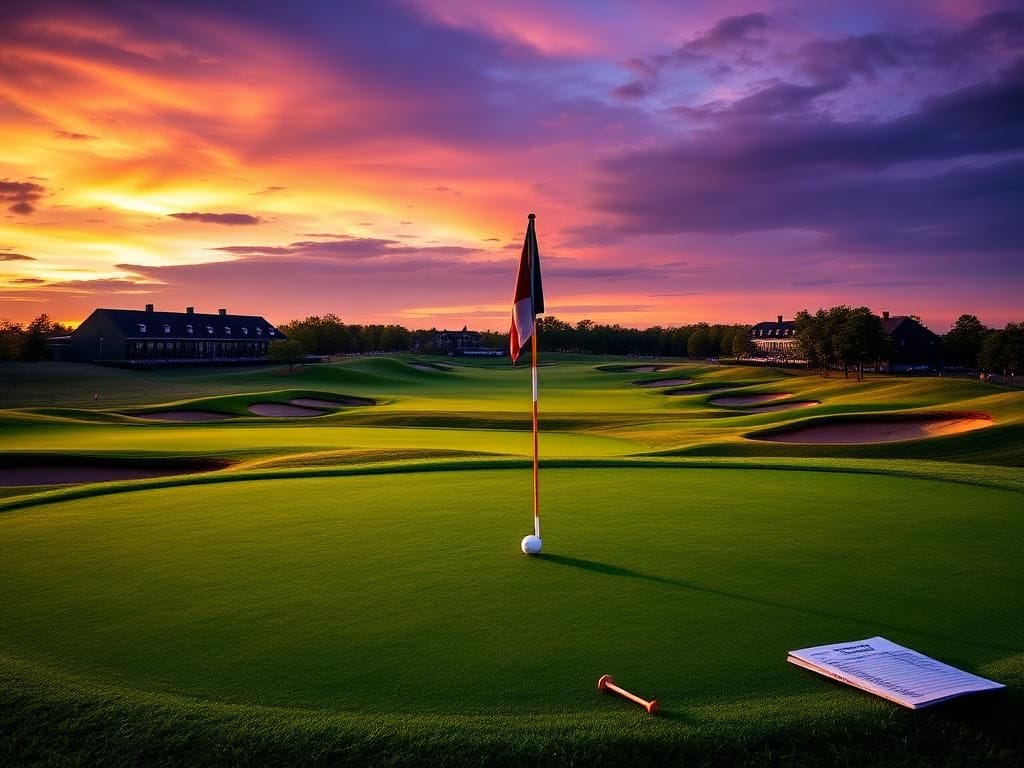 Flick International A dramatic view of Bethpage Black golf course at dusk with deep bunkers and lush green fairways