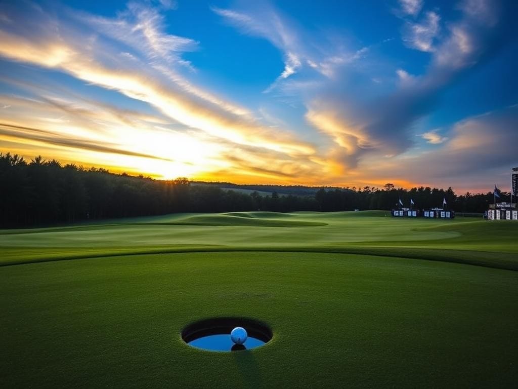 Flick International Scenic view of Bethpage Black golf course at sunset with a golf ball near the hole