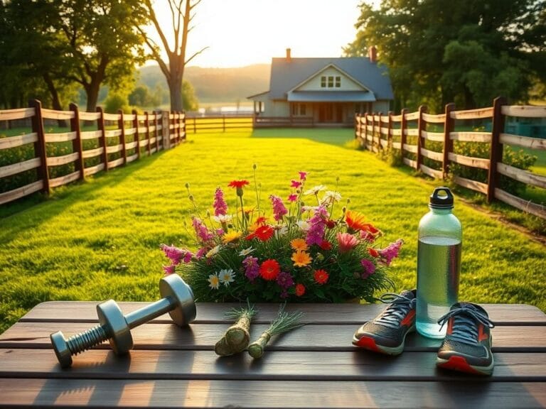 Flick International Serene Tennessee farm scene with wildflowers and fitness equipment