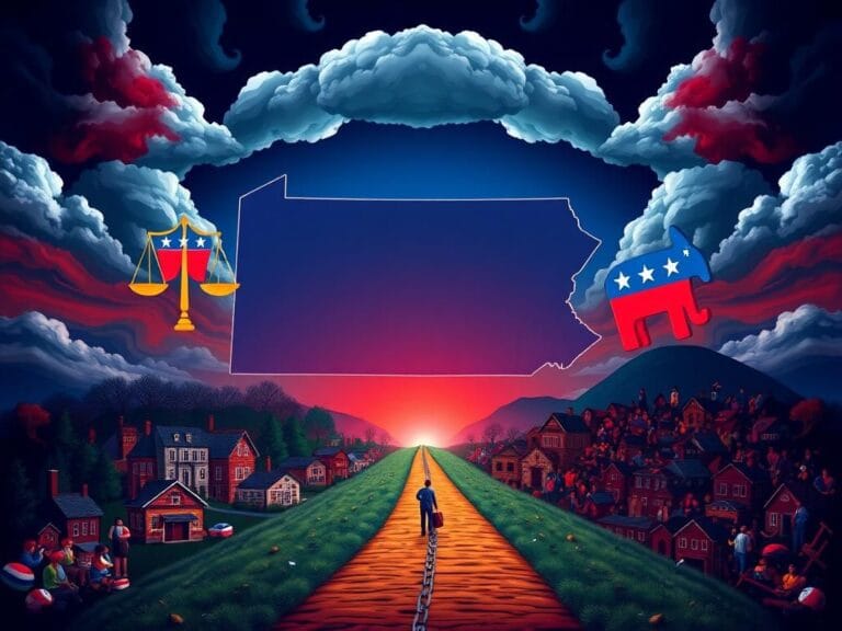 Flick International Stylized representation of Pennsylvania highlighting political symbols and pathways depicting unity and division