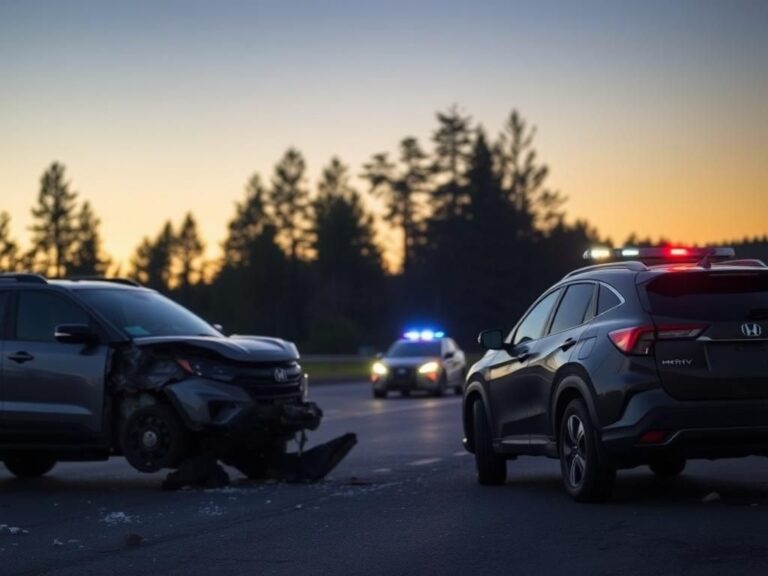 Flick International Damaged Ford Bronco and Honda HR-V at dusk on a New England highway after a collision