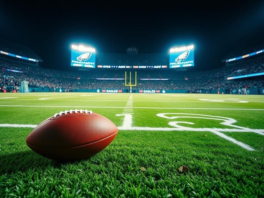 Flick International A vibrant football scene showcasing an NFL game with a focus on the Philadelphia Eagles' logo and a game ball on the green field.