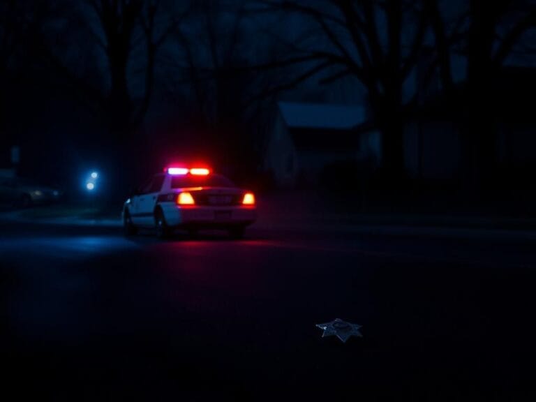 Flick International A police cruiser with flashing lights in a dimly lit street in Hays, Kansas, at night, symbolizing a tragic loss.