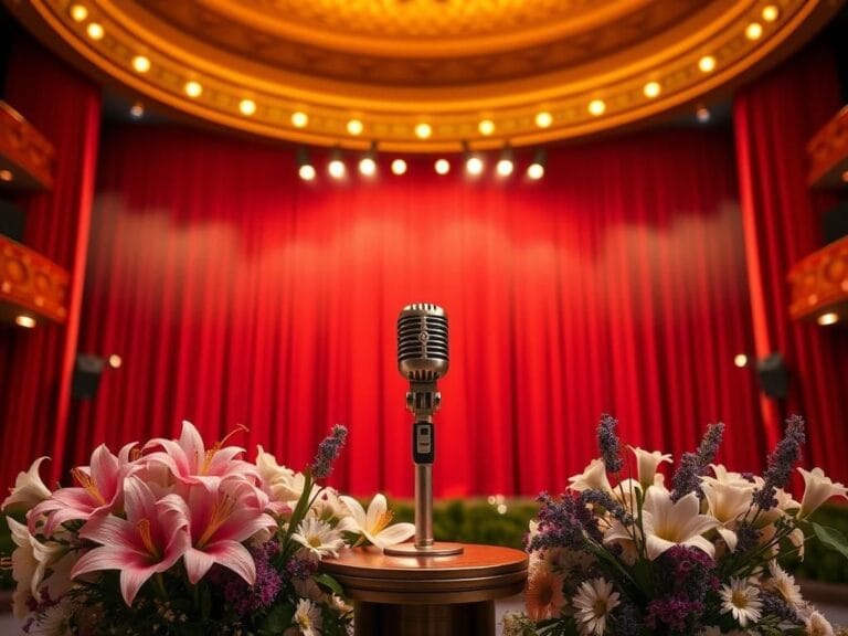 Flick International Grand stage at the Colosseum at Caesars Palace with vintage microphone and elegant curtains