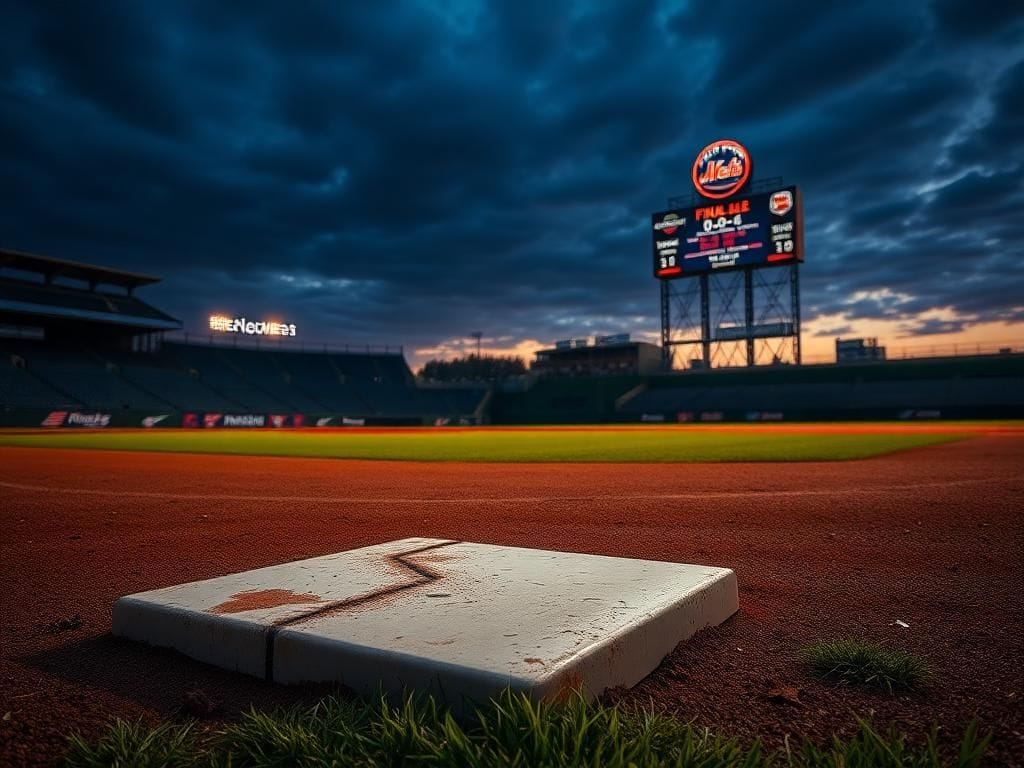 Flick International Deserted baseball diamond at sunset showing home plate and scoreboard