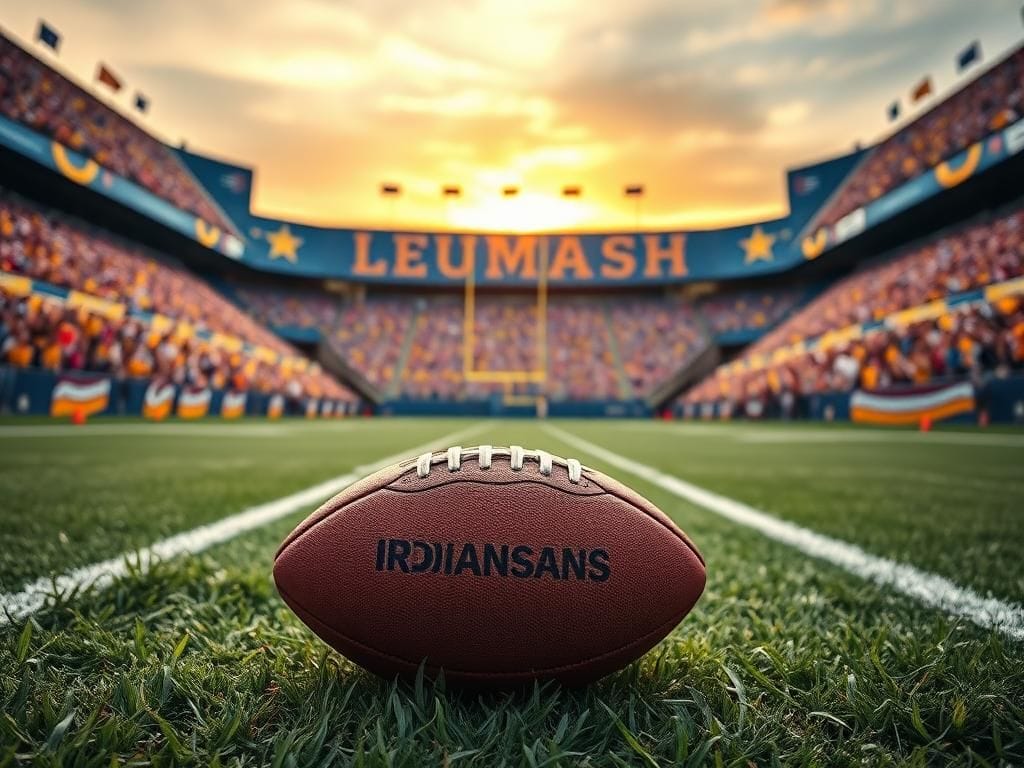 Flick International A close-up of a well-used football resting on the end zone turf, showcasing scuff marks and vibrant team colors