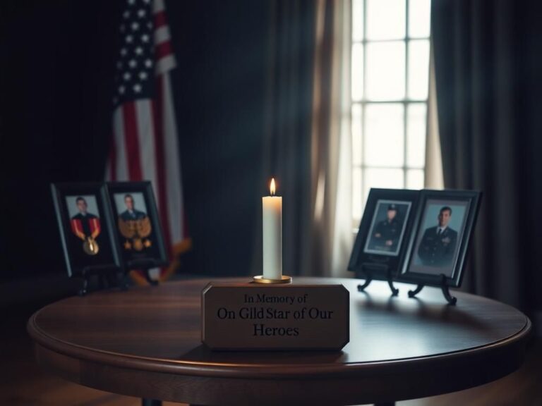 Flick International Circular wooden table with candle and photographs honoring fallen soldiers