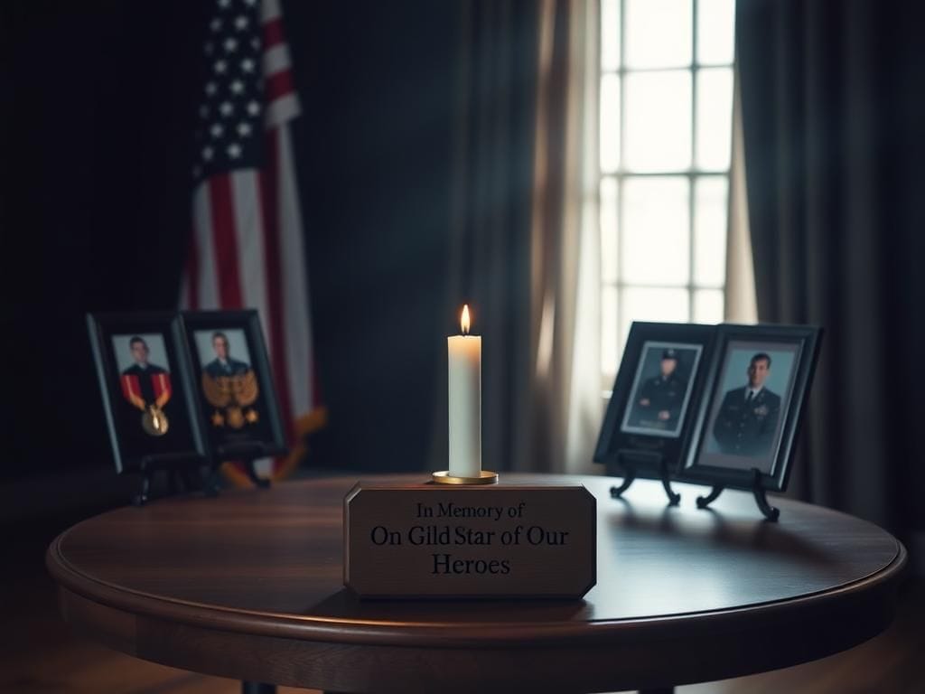 Flick International Circular wooden table with candle and photographs honoring fallen soldiers