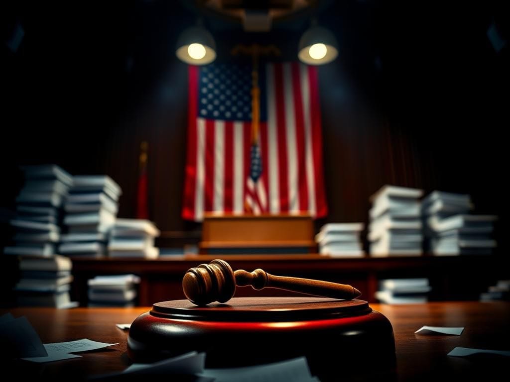 Flick International Dark courtroom scene with a gavel on a mahogany bench amid blurred legal documents