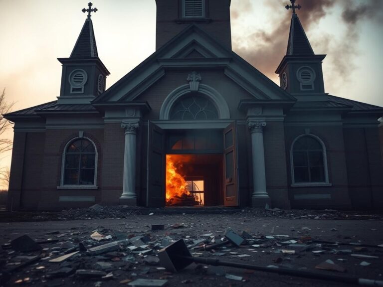 Flick International Exterior view of the Church of Jesus Christ of Latter-day Saints showing damage from a violent incident