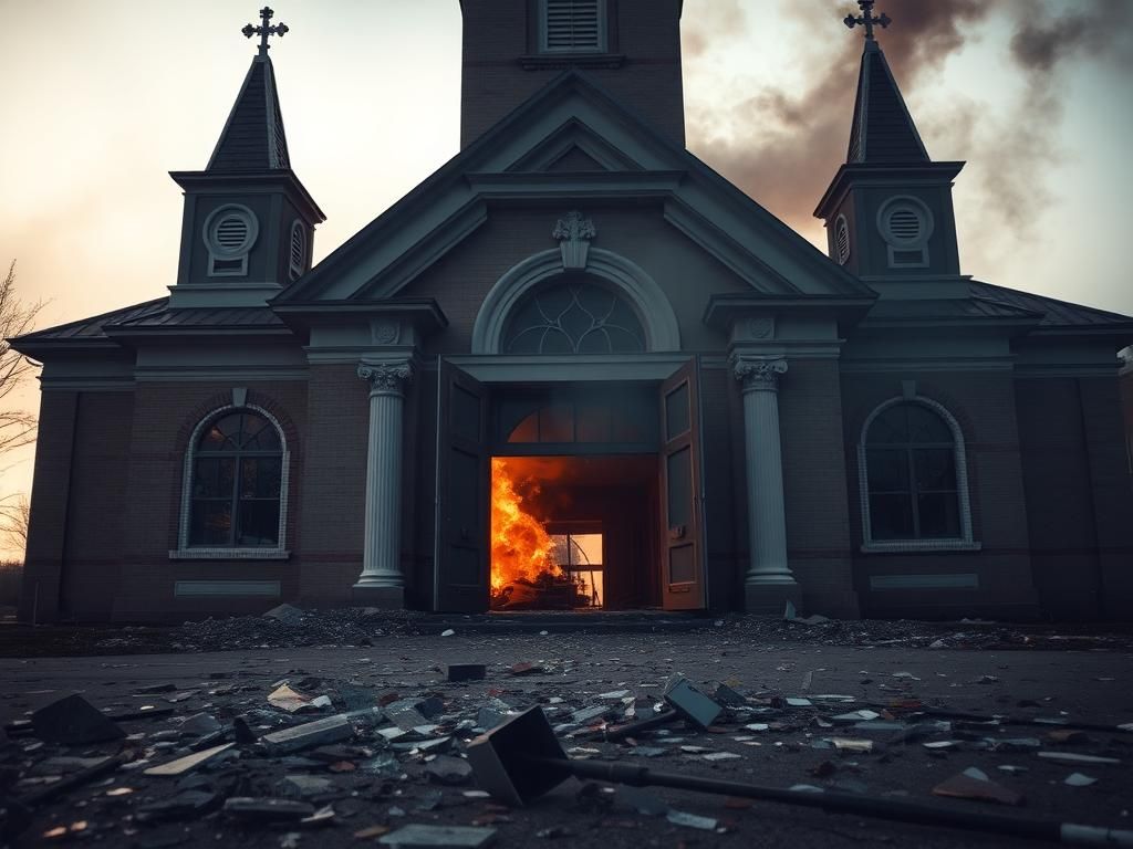 Flick International Exterior view of the Church of Jesus Christ of Latter-day Saints showing damage from a violent incident