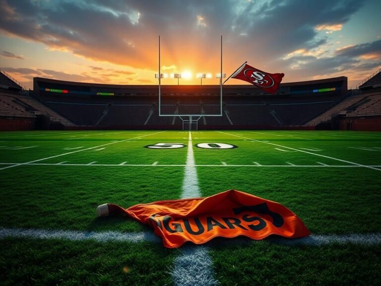 Flick International Empty football field at sunset with Jaguars and 49ers flags