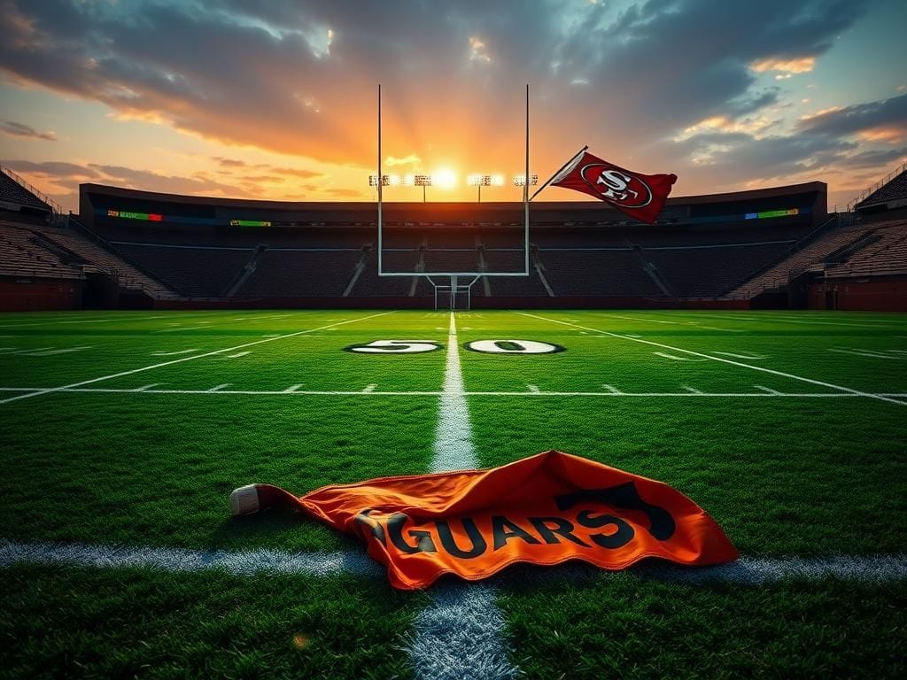 Flick International Empty football field at sunset with Jaguars and 49ers flags